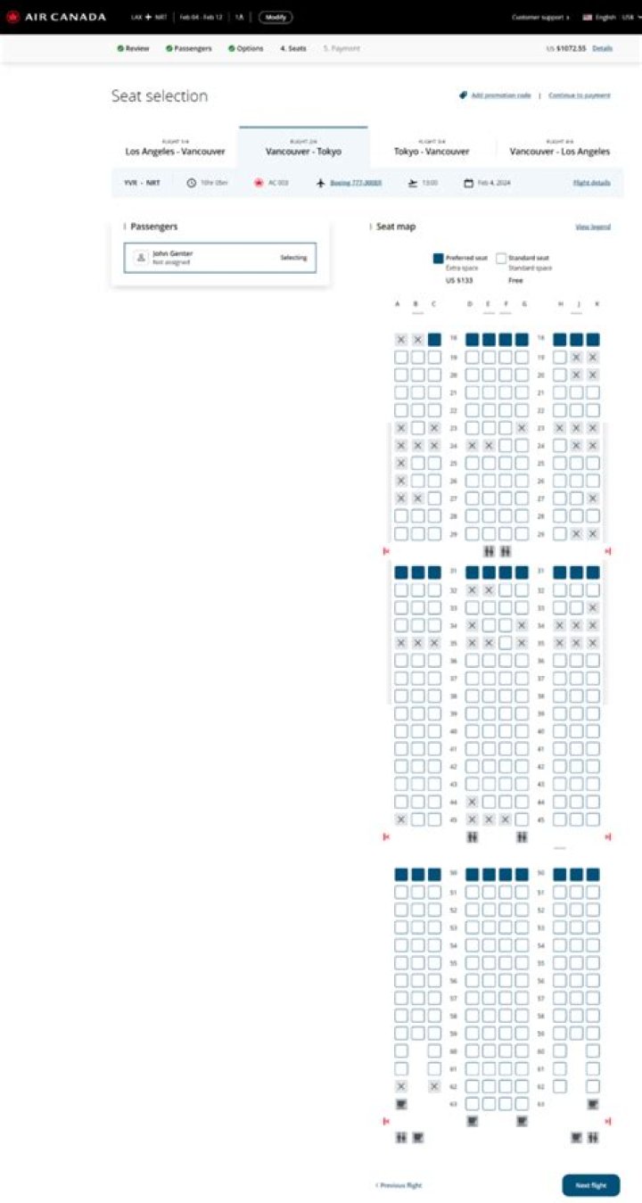 Does Air Canada charge for seat selection on international flights