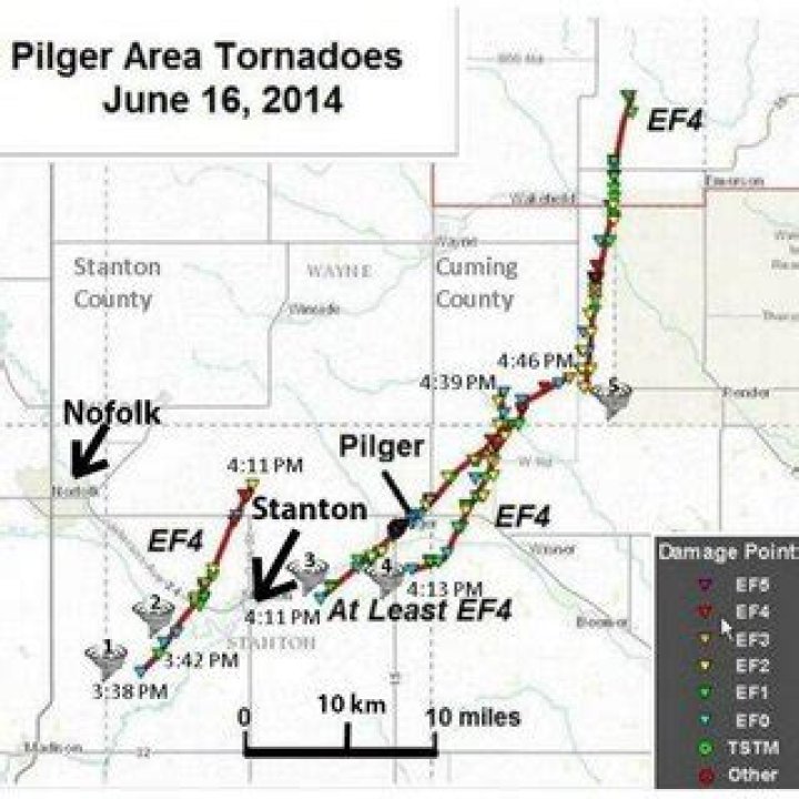 How many miles was the Wisner Pilger tornado of 2014?