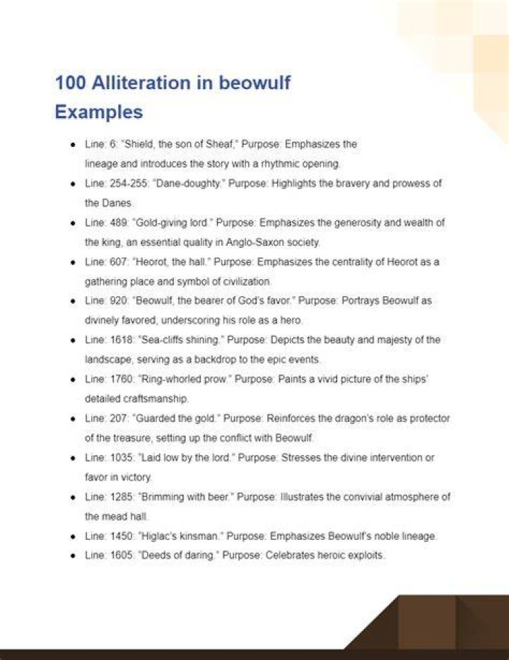 What are 3 examples of alliteration in Beowulf?