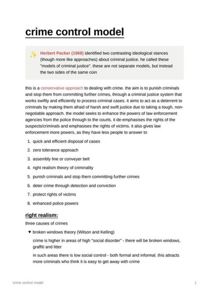 What are the main features of the crime control model