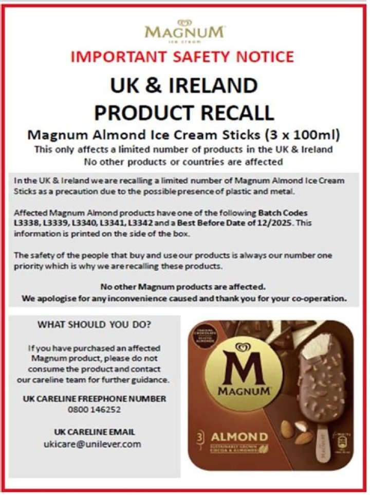 Why are Magnum ice creams being recalled?